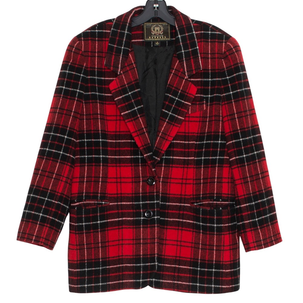 Vintage Express Wool Blazer Tartan Plaid Dark Academia Preppy 90s Grunge‎ Red S